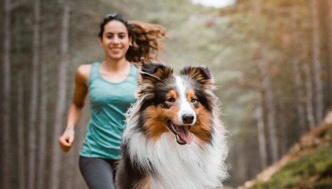 Joggende Frau in Sportkleidung. Orangen Schuhen, grauer Leggins und einem türkisen Top. Sie läuft mit ihrem Hund durch den Wald.